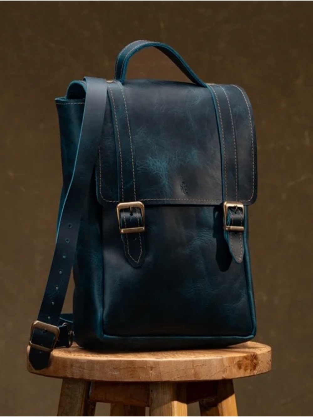Semender Leather Goods Handmade Full Grain Blue Daybag Backpack Rucksack